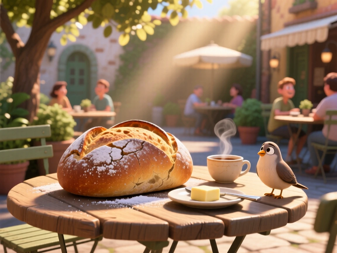A rustic loaf of sourdough bread sits at a sunny outdoor cafe table, with a light dusting of powdered sugar. The setting feels relaxed and satisfying.