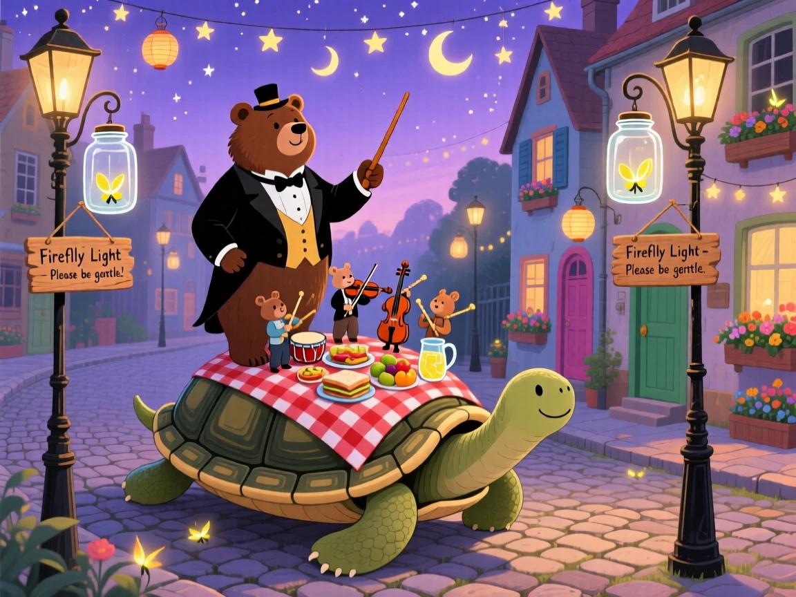 A bear conducting a tiny orchestra is hosting a picnic on the back of a giant turtle in a town where the streetlights are fireflies in jars, while little lanterns bob gently in the wind.
