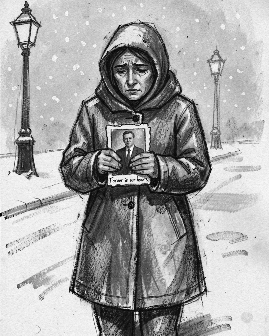 A mother holding a photograph of a departed loved one, on a snowy street.