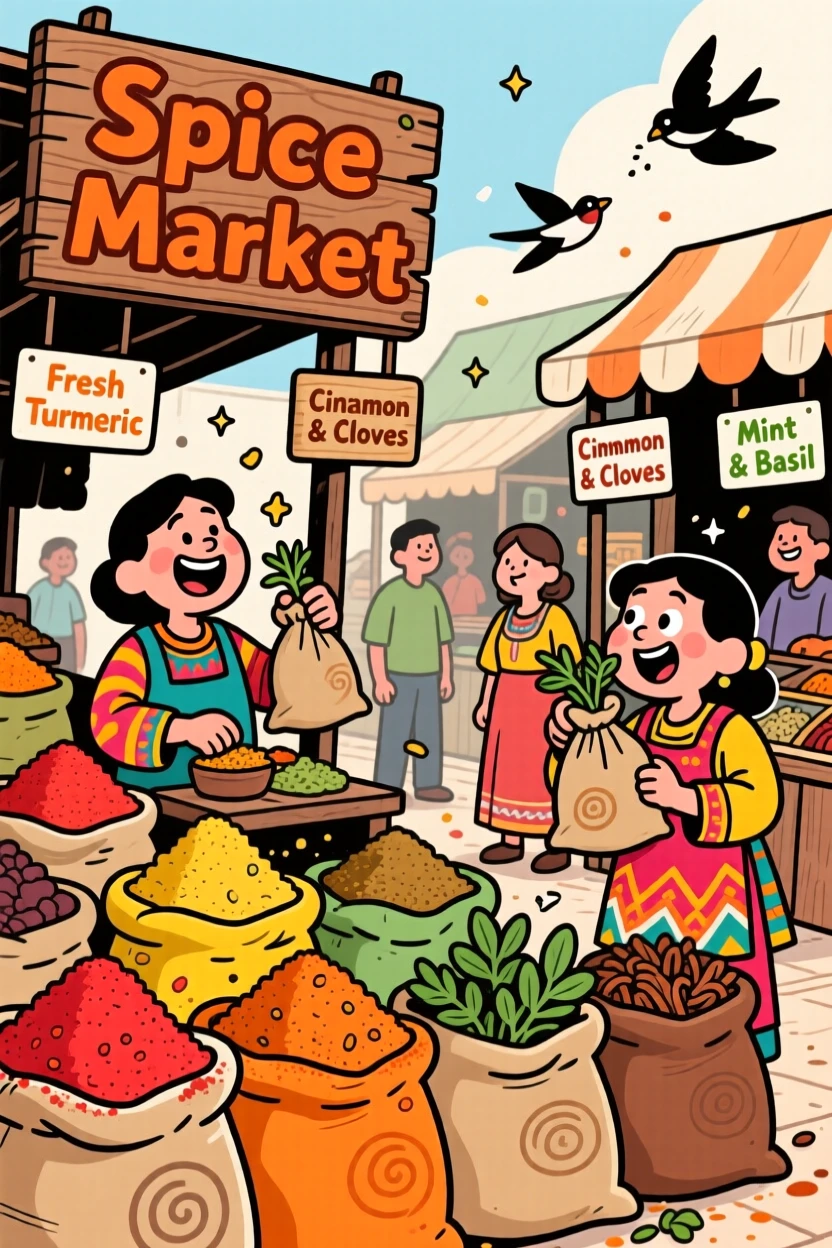 A bustling spice market with sacks of colorful powders and herbs.