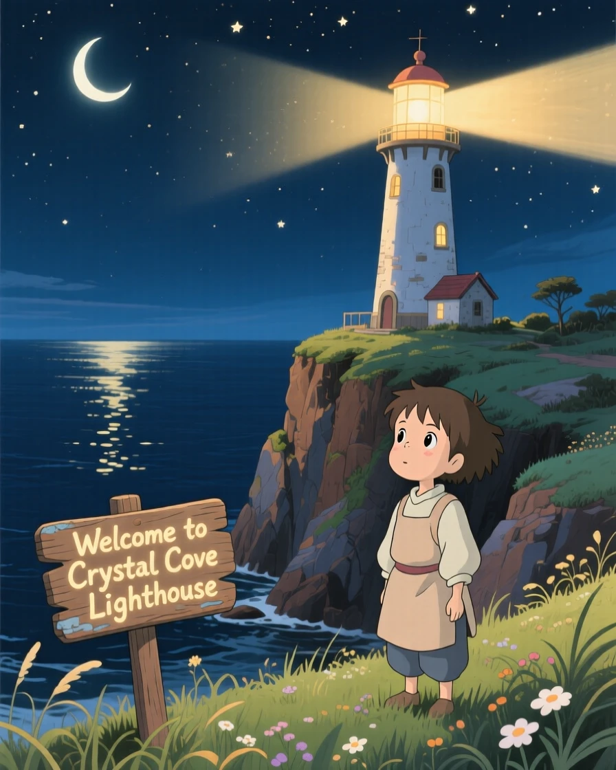 A nighttime scene of a lighthouse beam sweeping across a dark, calm sea, quietly enchanting.