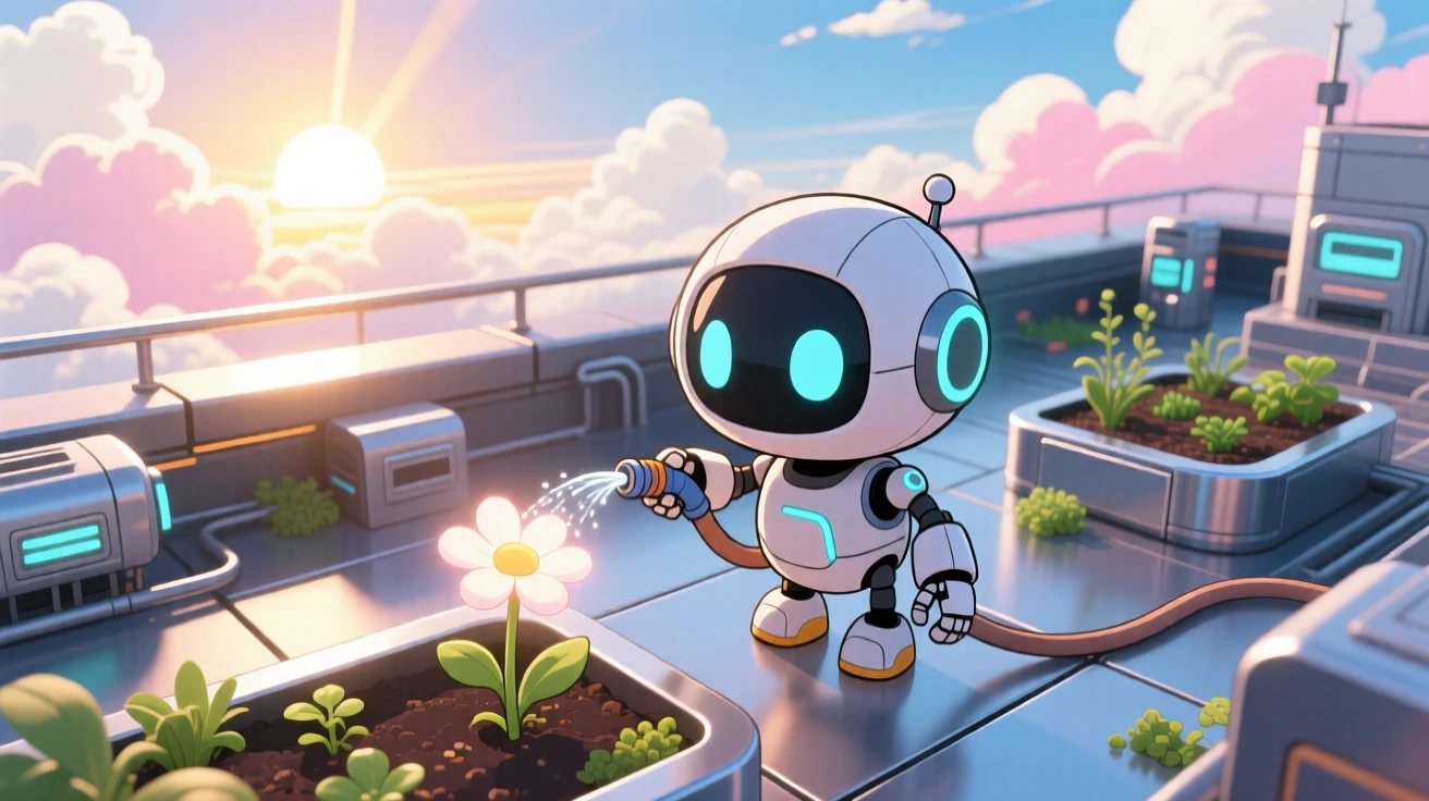 Bird's-eye view of a small round robot, watering a glowing flower with a tiny hose, in a futuristic rooftop garden, under a clear summer sky, illuminated by rays of sunrise breaking through clouds, radiating brave confidence.