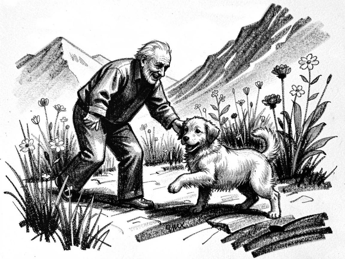 A grandfather playing with a puppy in the garden, on a mountain trail.