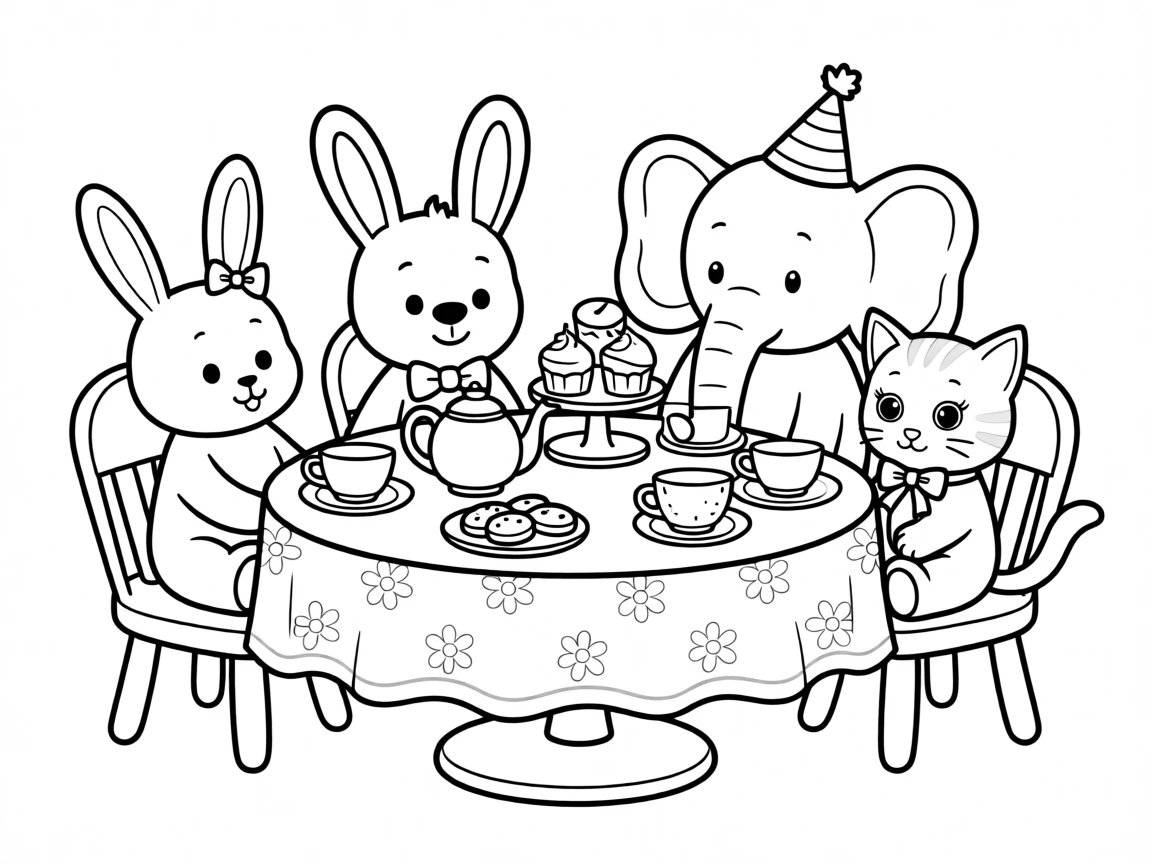 A teddy bear having a tea party with other stuffed animals