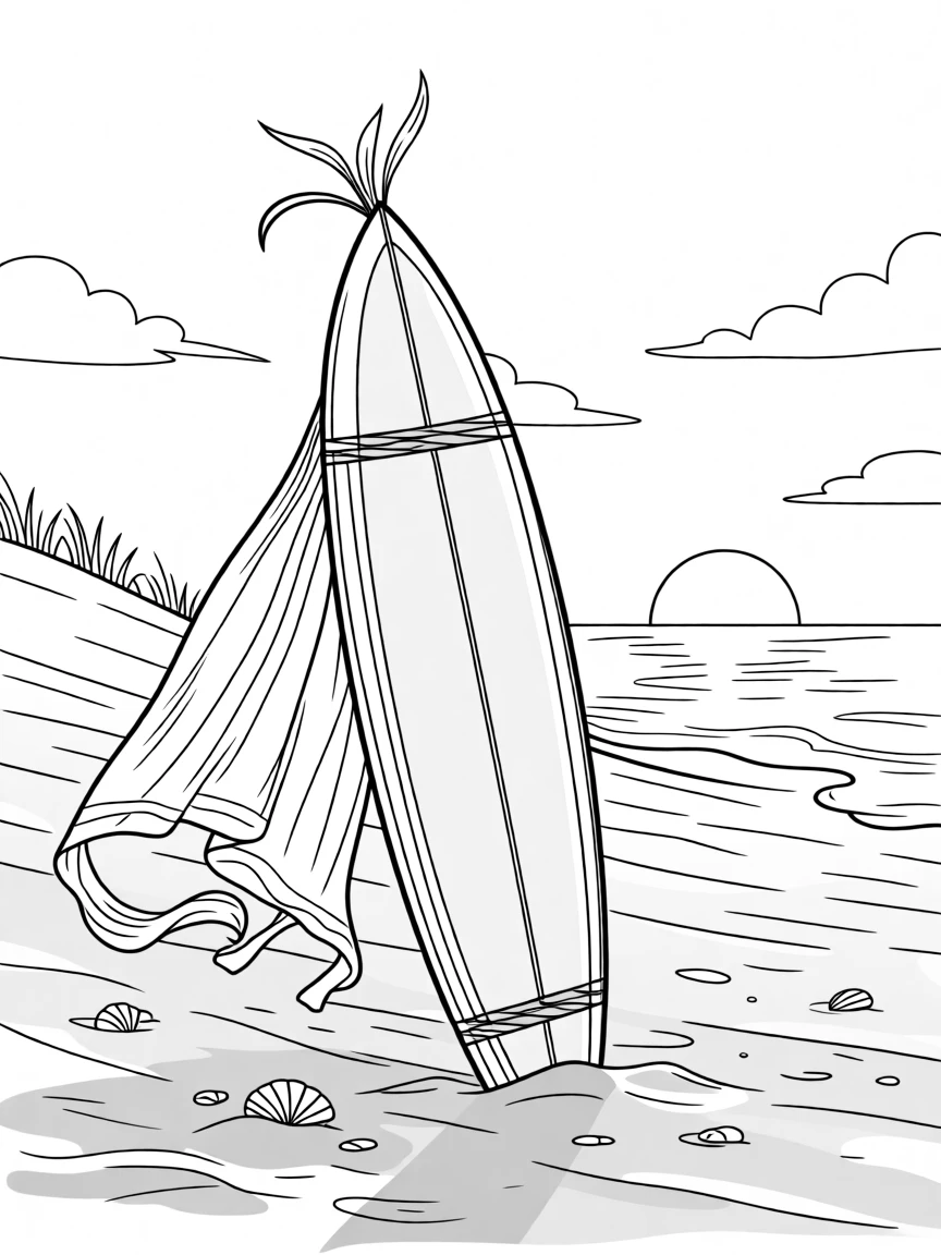 A surfboard stuck upright in golden sand at sunset, with a light breeze catching loose fabric nearby.