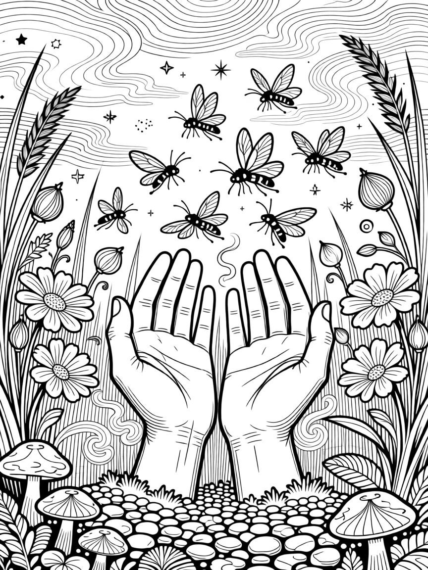 A pair of open hands releasing glowing fireflies into the night.