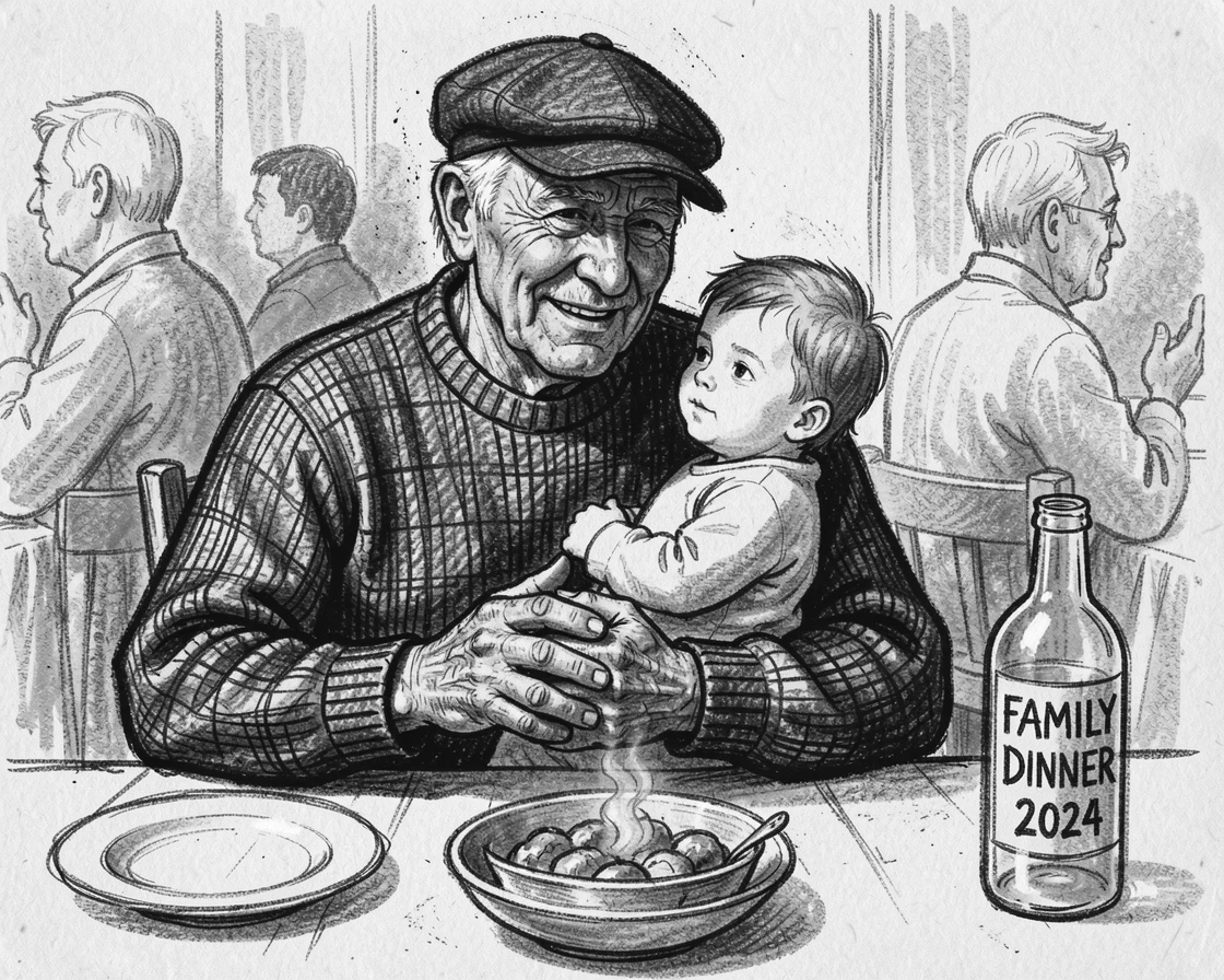 An elderly fisherman smiling gently while cradling a small child, at a family dinner table.