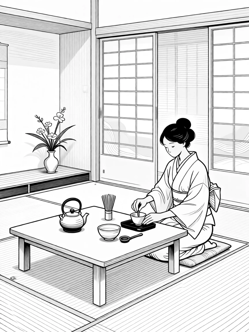 A traditional Japanese tea ceremony in a tatami room