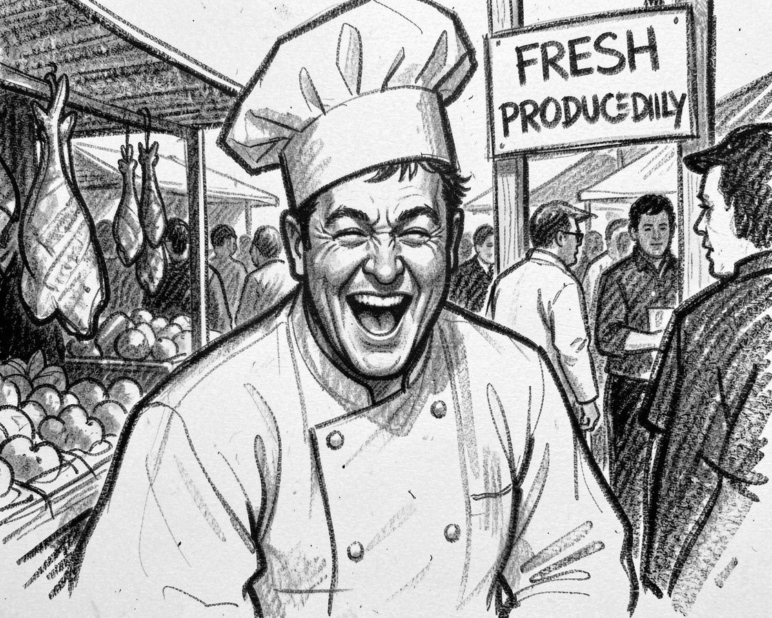 A chef caught mid-laugh at a shared joke, in a bustling market square.