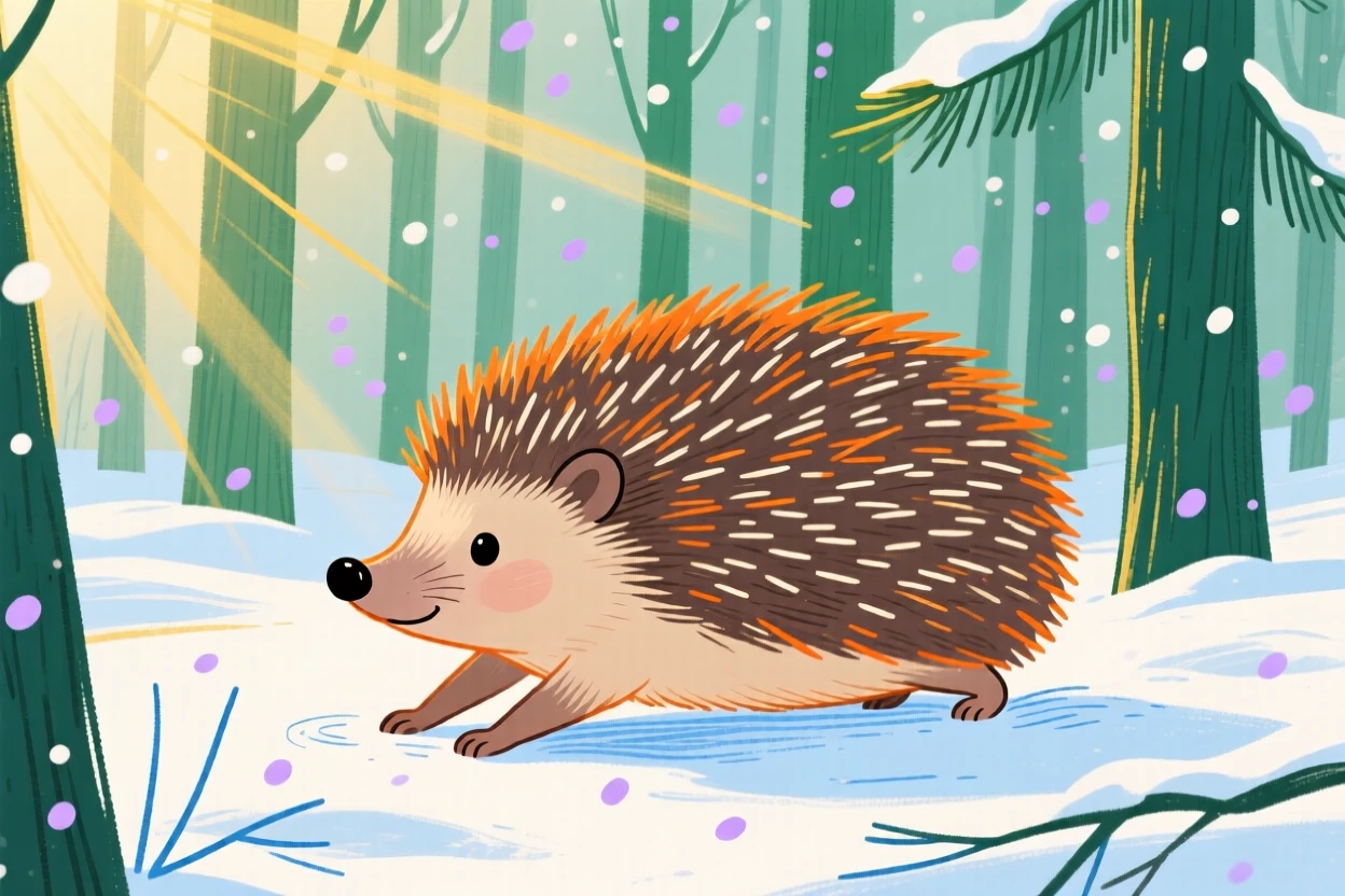 A small hedgehog stretching in the morning light in a snowy pine forest during a light snowfall.