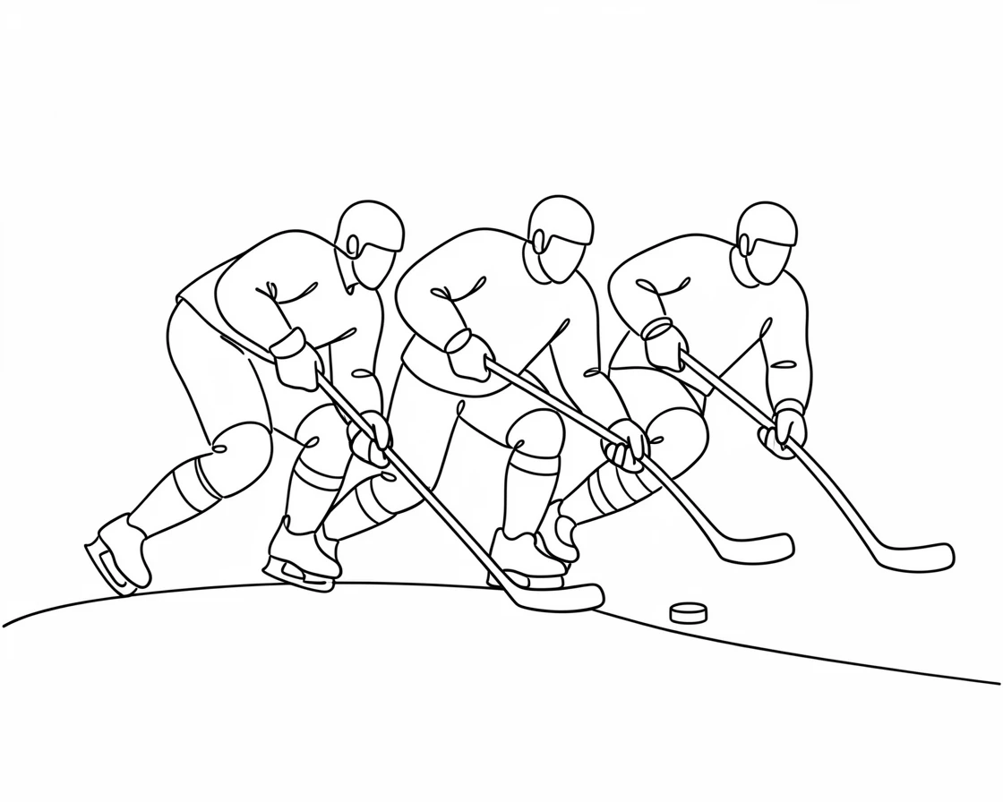 A group of ice hockey players racing for the puck on a rink