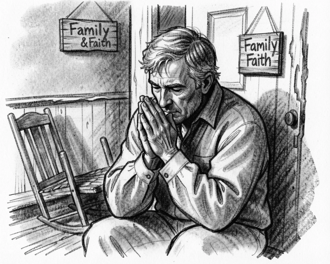 A father praying quietly with hands clasped together, on a rustic farmhouse porch.