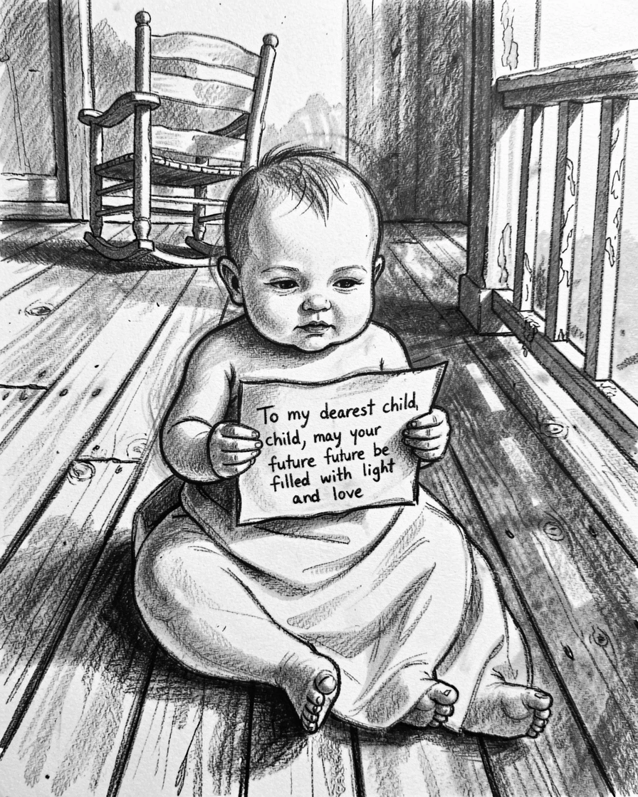 A newborn baby reading a letter with a mixture of hope and longing, on a rustic farmhouse porch.