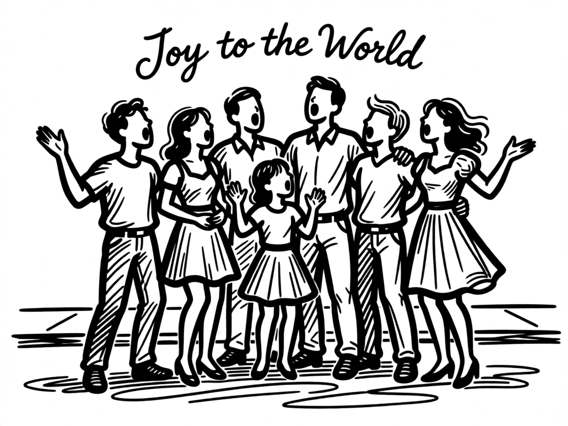 A cozy Christmas scene with a family caroling on a snowy street.
