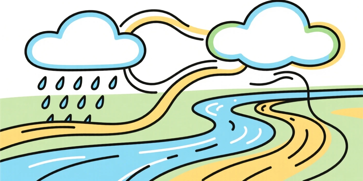 An illustration of the water cycle showing rain, rivers, and clouds.