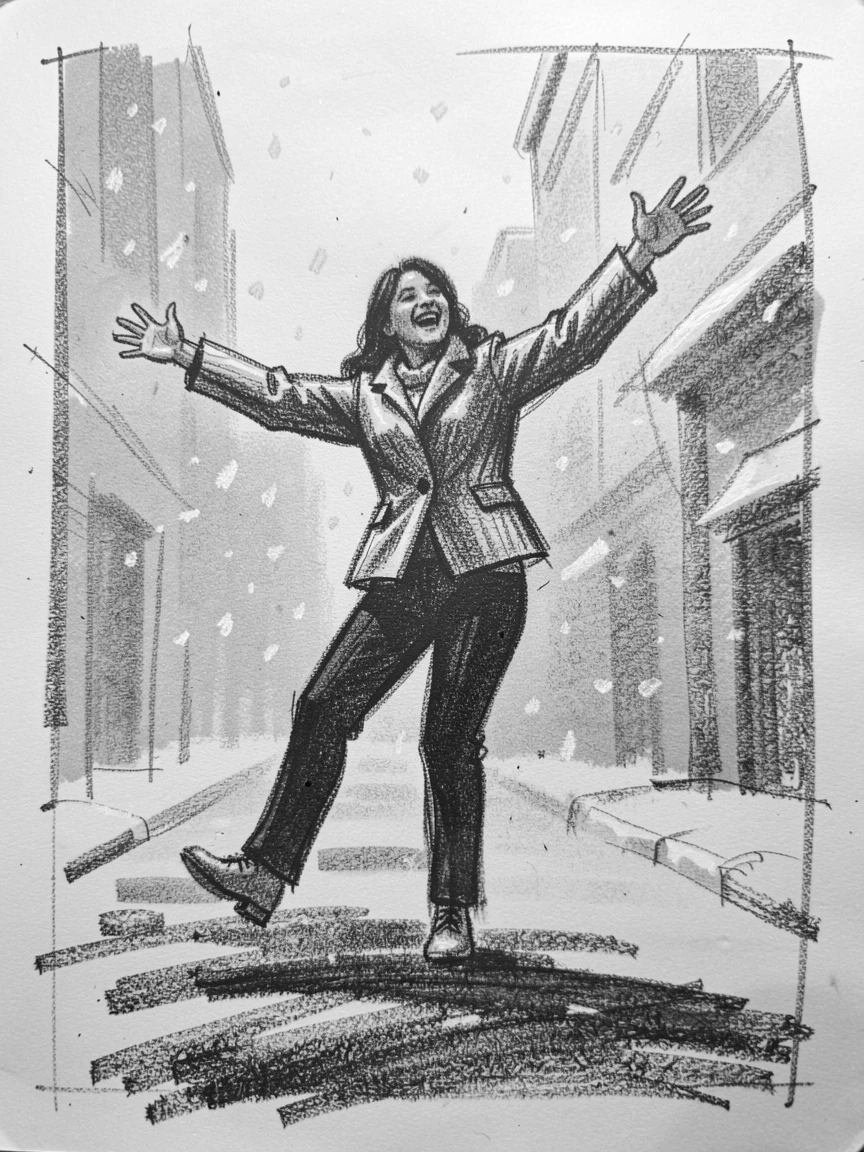 A teacher dancing freely with arms outstretched, on a snowy street.