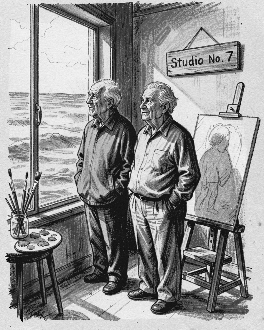 An elderly couple gazing thoughtfully into the distance at sunset, in an artist's studio.