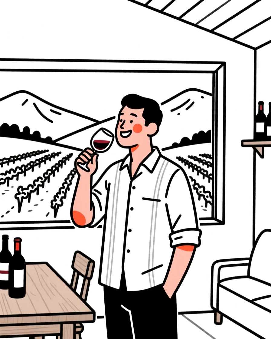 A sommelier of cuban heritage tasting wine at a vineyard, beaming with pride, in a mountain cabin.