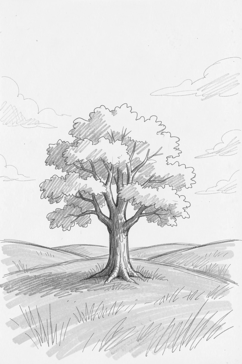 A peaceful moment of a solitary tree standing in an open golden field beneath a vast open sky, filled with a profound sense of peace.