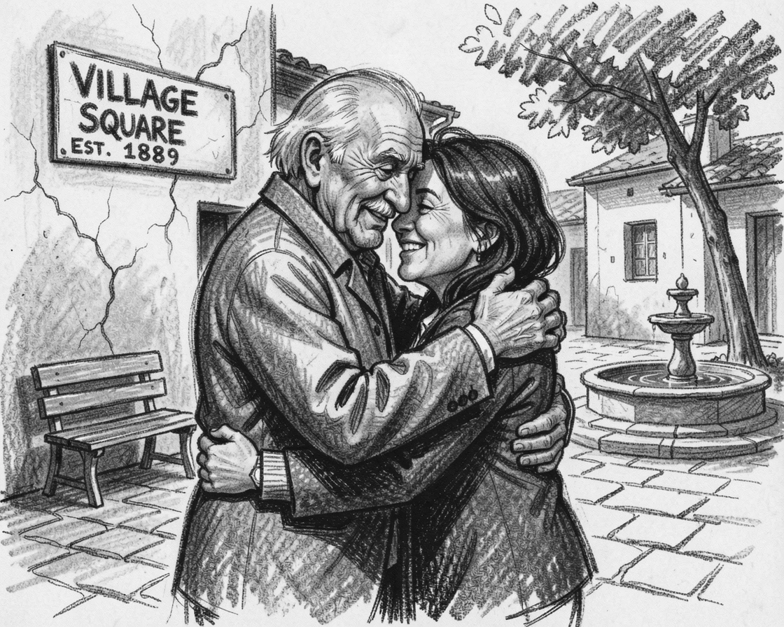 A grandfather embracing a loved one after a long separation, in a small village square.