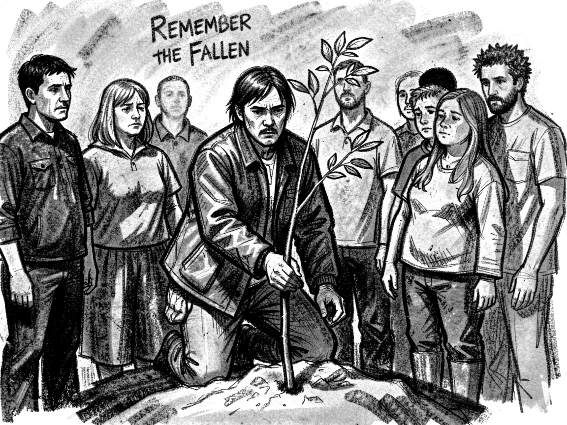 A survivor planting a tree at the site of a tragedy, looking forward, with everyone gathered close together.