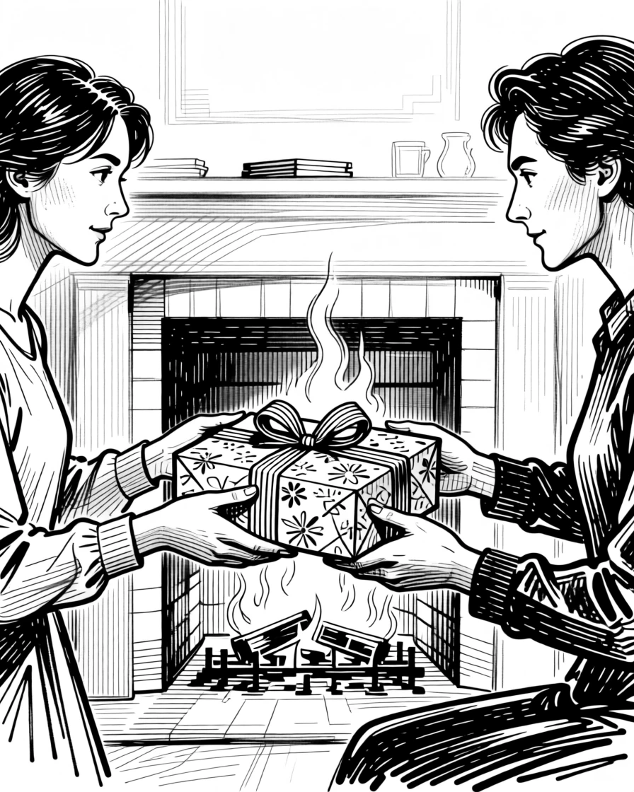 A beautifully wrapped gift exchange taking place around a warm fireplace.