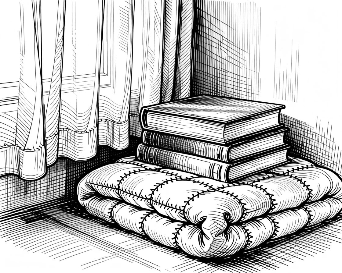 A quiet reading corner with a stack of favorite books as morning light filters through gauzy curtains, with a folded quilt with hand-stitched patterns, evoking a full of quiet gratitude sense of calm.