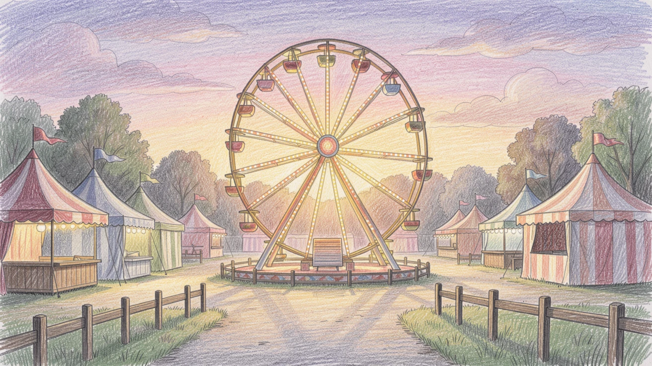 A countryside fairground with a Ferris wheel glowing at dusk, framed thoughtfully to draw the eye toward the central subject, perfect for anyone drawn to gentle, heartfelt imagery.
