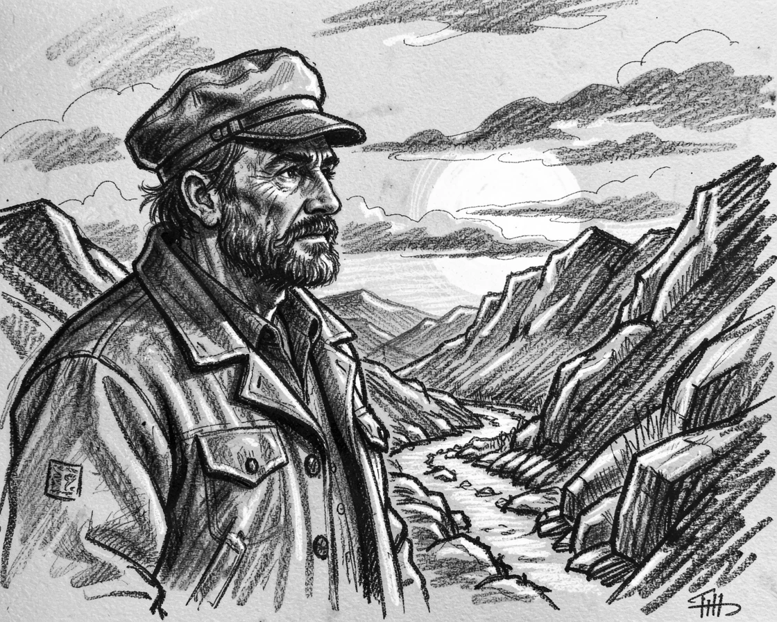 A weathered sailor gazing thoughtfully into the distance at sunset, on a mountain trail.