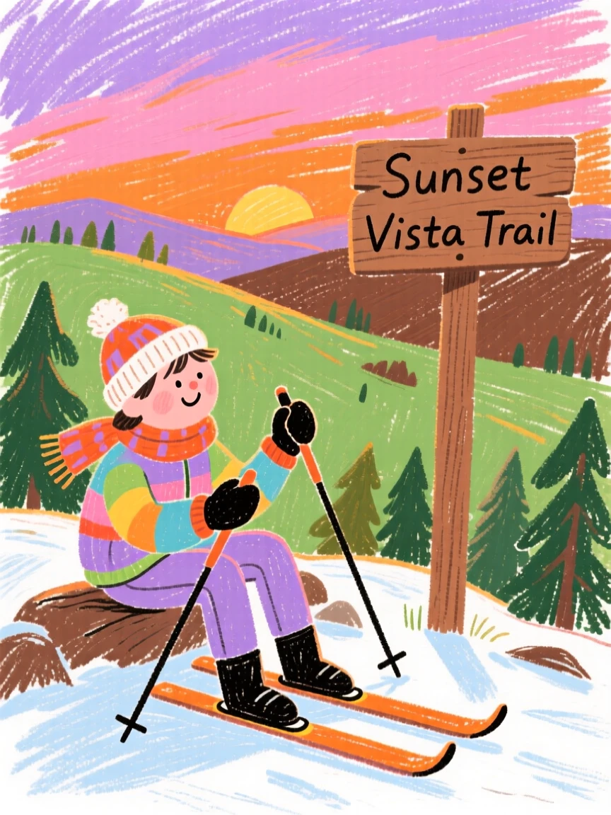 A cross country skier resting at a scenic overlook at sunset.