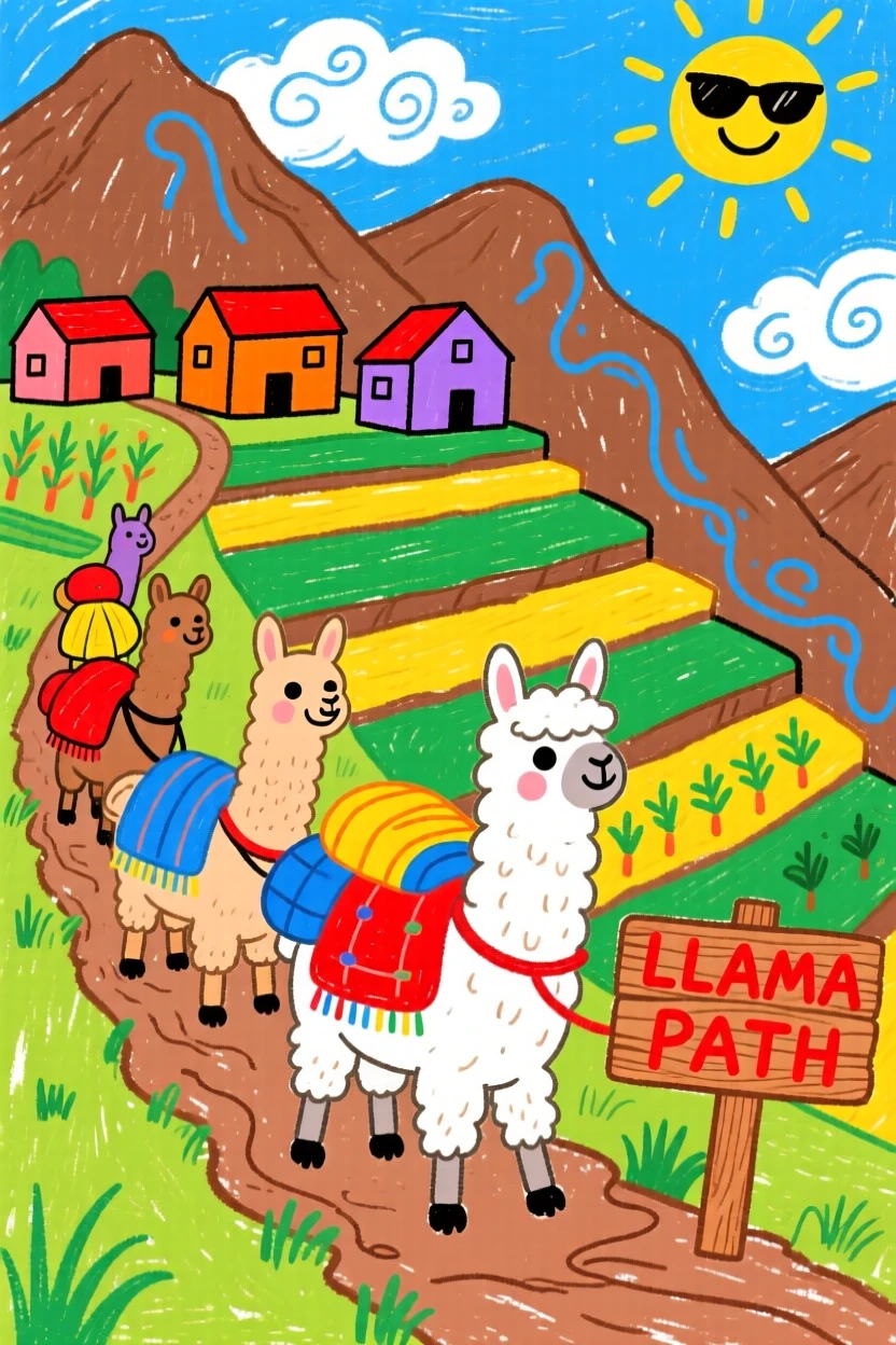 A Peruvian llama caravan crossing a mountain trail near a terraced village.