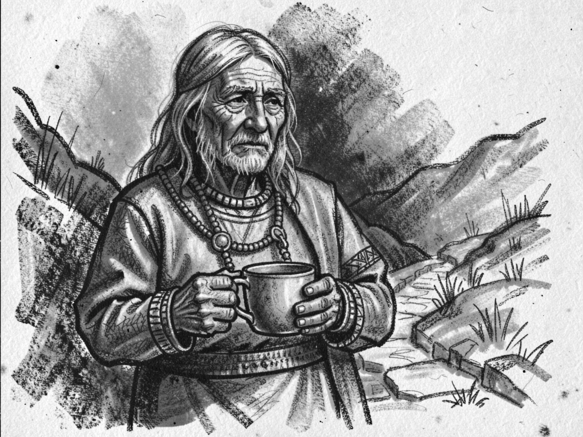 A tribal elder holding a cup of tea with both hands, lost in memory, on a mountain trail.