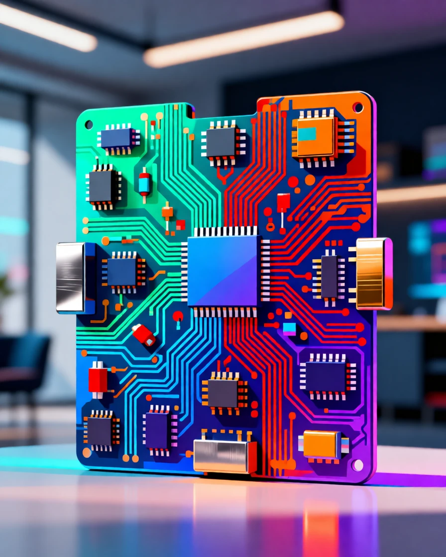 A colorful circuit board arranged in an artistic pattern, set within a sleek, softly lit modern space, framed with a crisp, high-clarity central focus, with sleek metallic textures catching soft light.