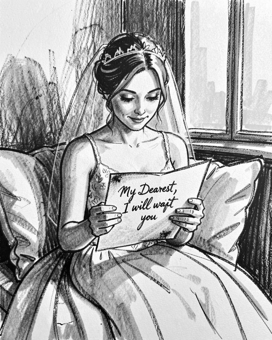 A bride reading a letter with a mixture of hope and longing, in a cozy reading nook.