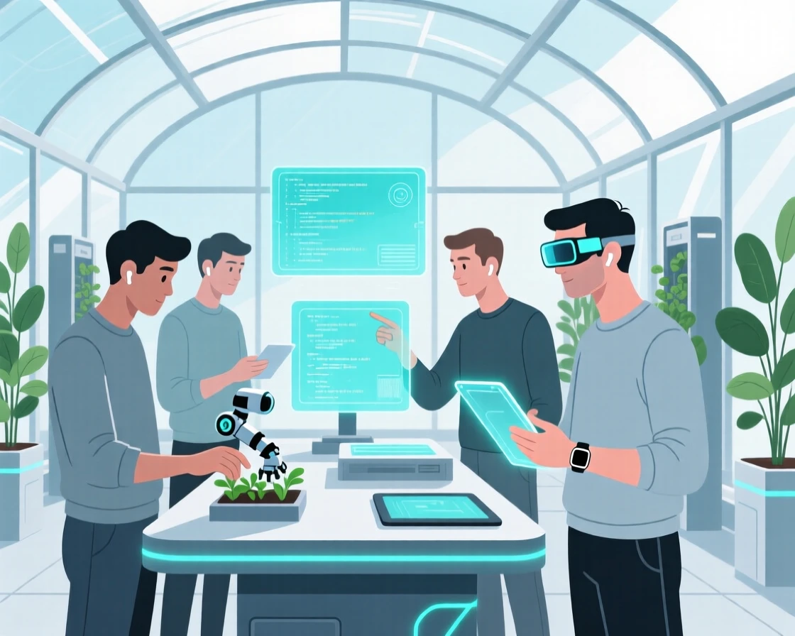 A group of programmers testing new equipment in a futuristic greenhouse.