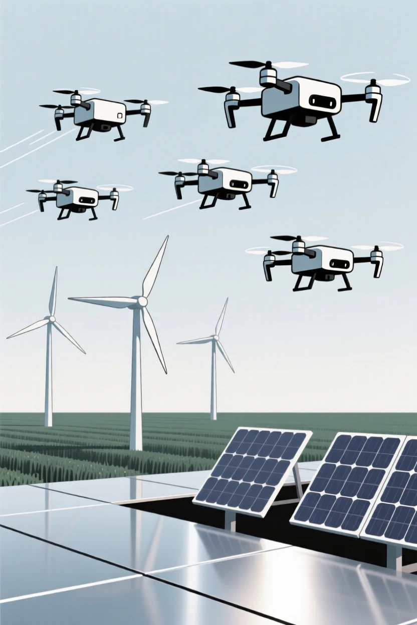 A view of fleet of delivery drones operating within a renewable energy field, near sleek metallic surfaces, evoking calm technological harmony.