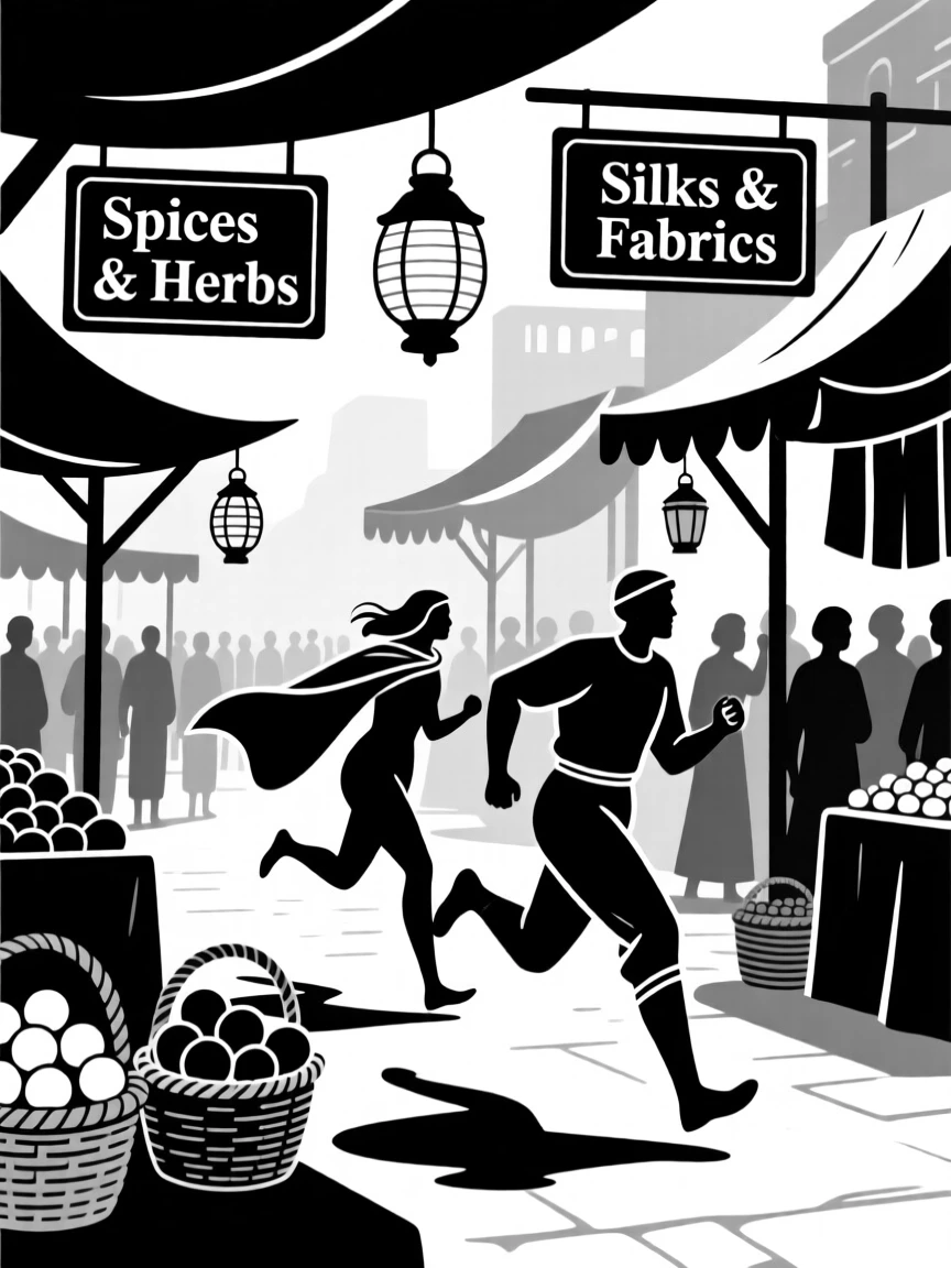 A daring chase through a bustling ancient marketplace.