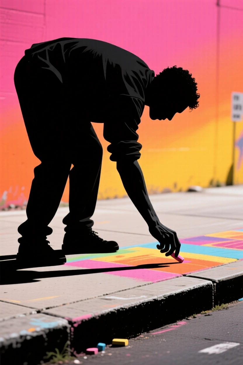 A street artist chalking a colorful mural onto a sidewalk.