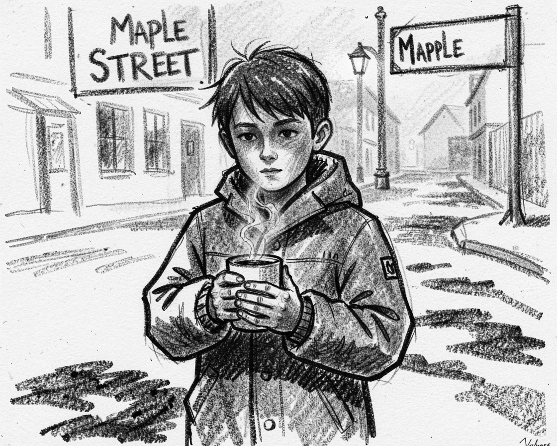 A young boy holding a cup of tea with both hands, lost in memory, on a snowy street.