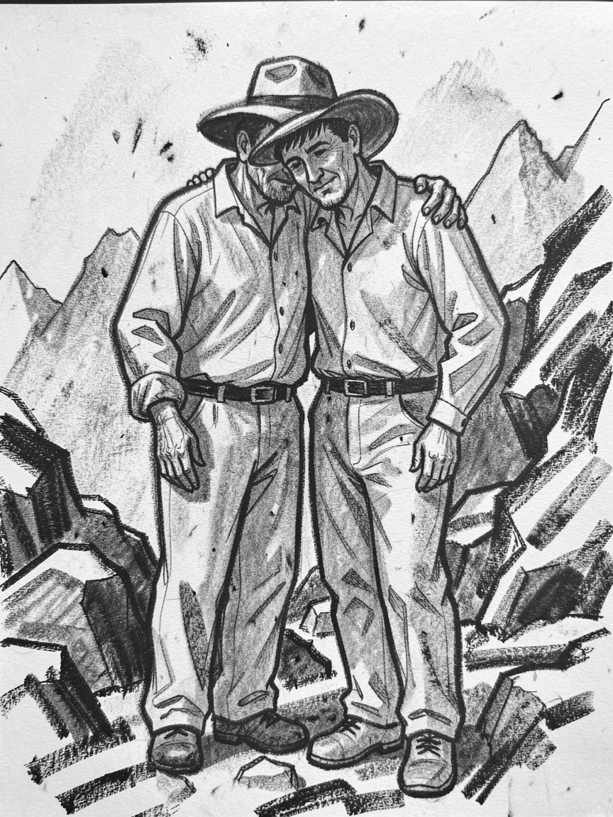A farmer resting their head on a partner's shoulder, on a mountain trail.