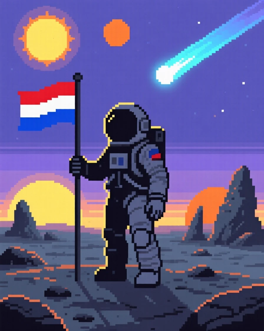 A lone astronaut planting a flag waving at a passing comet, on an alien world with two suns.