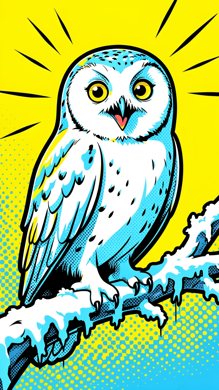 A snowy owl perched on a frosted branch caught in a candid, joyful moment