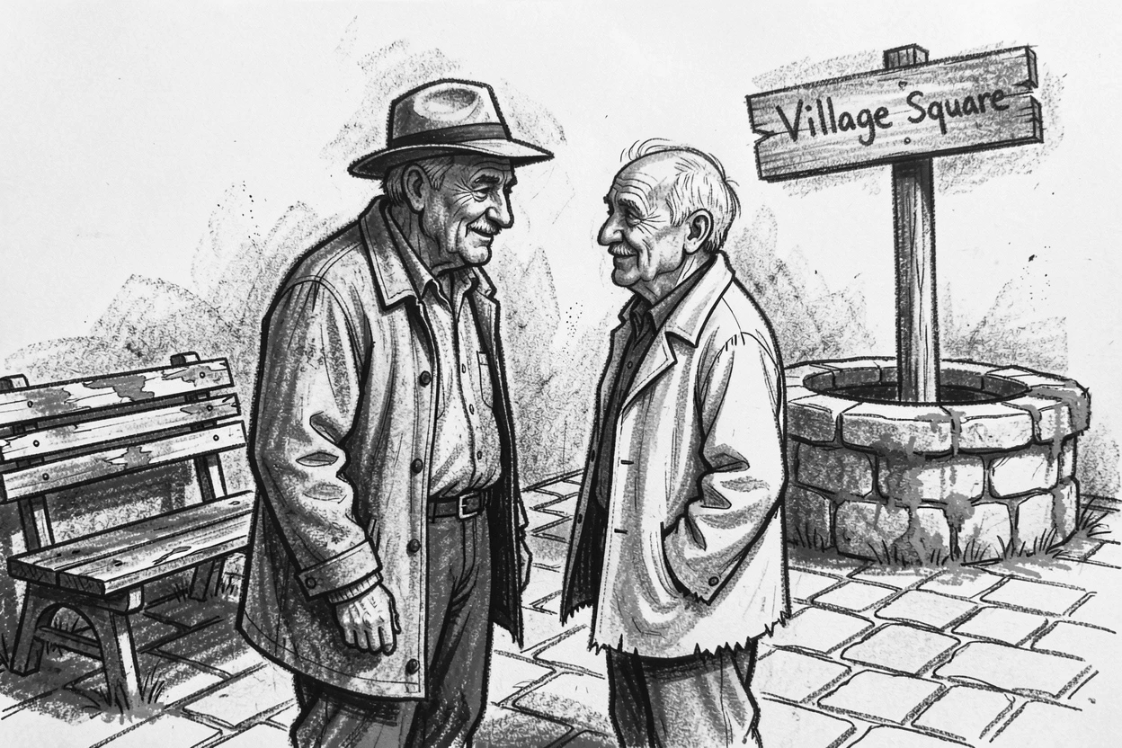 A farmer sharing a quiet moment of connection with an old friend, in a small village square.