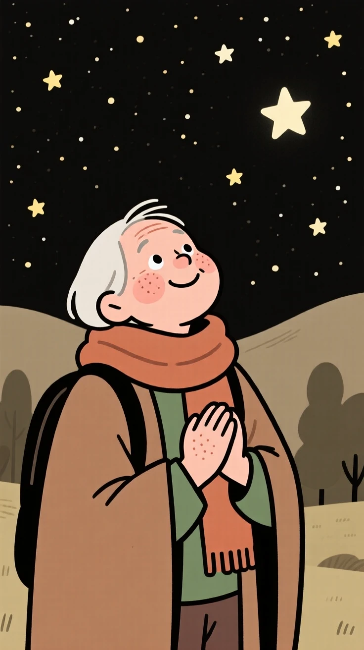 A elderly traveler looks up in quiet wonder at a sky full of stars, hands clasped together as a feeling of gratitude settles over the scene.