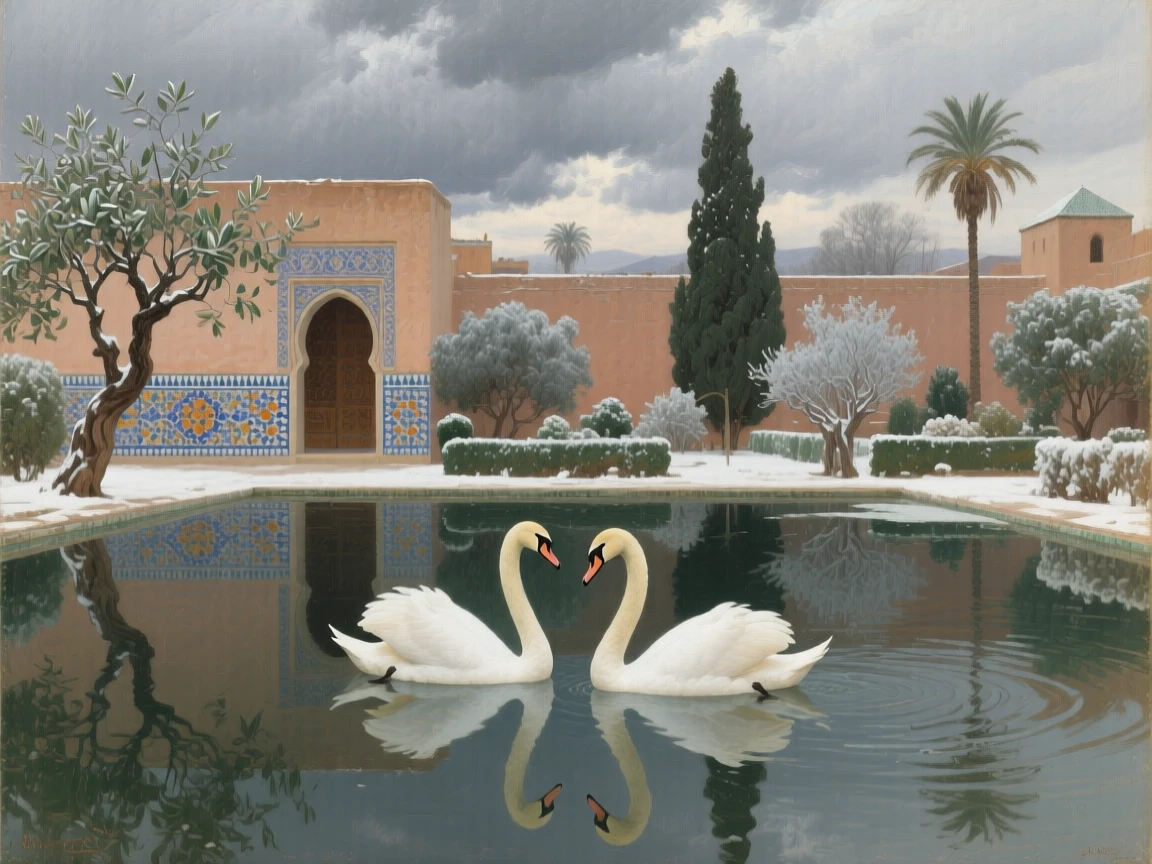 A grand panoramic scene of a pair of swans gliding across a calm garden pond, in a Moroccan medina, in the quiet stillness of midwinter, beneath heavy grey storm clouds.