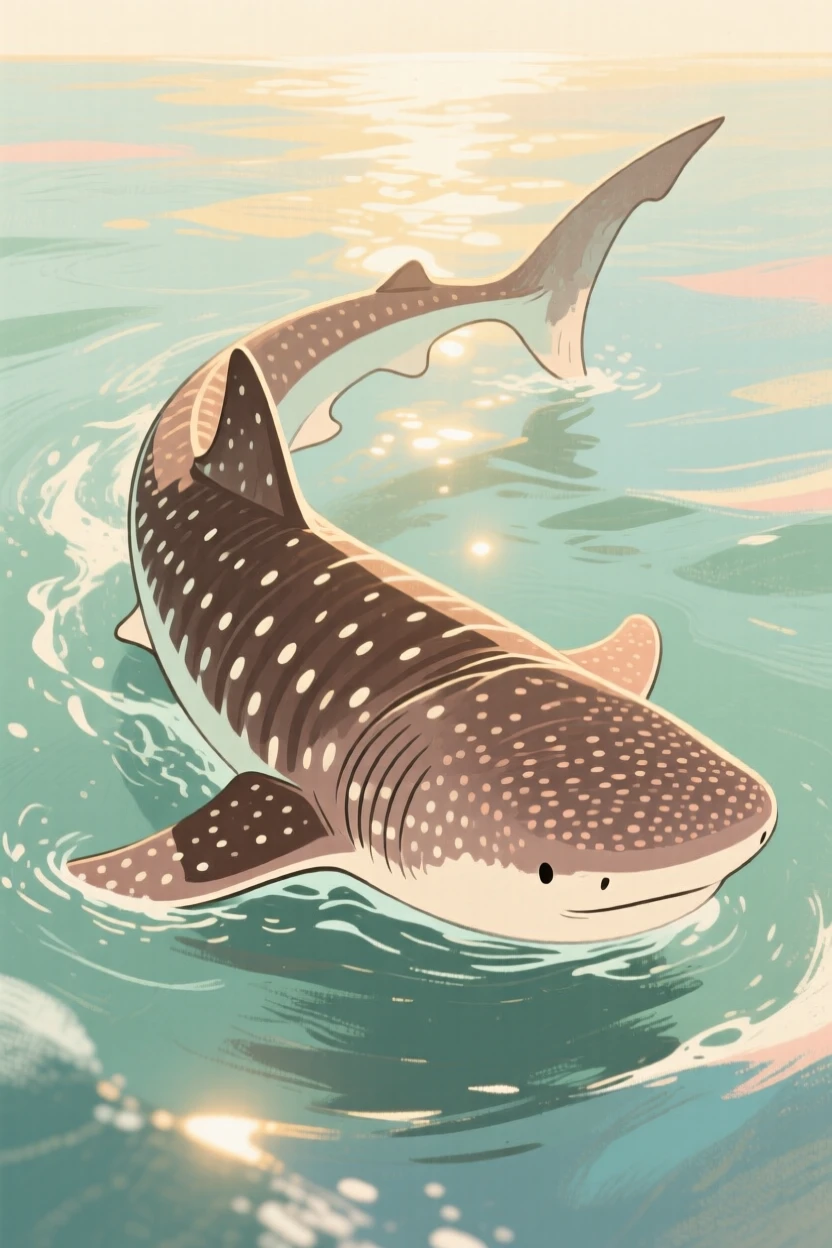A whale shark gliding through open ocean sunlight