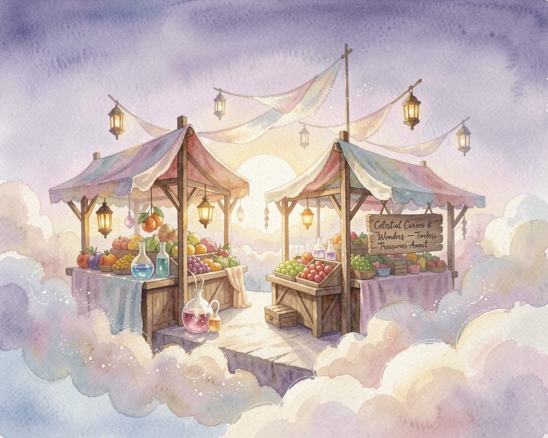 A magical marketplace floating on clouds surrounded by sparkling mist.