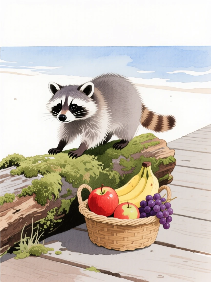A baby raccoon climbs over a mossy log in a seaside boardwalk, beside a basket of ripe fruit