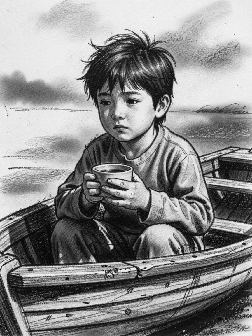 A young boy holding a cup of tea with both hands, lost in memory, in an old wooden rowboat.
