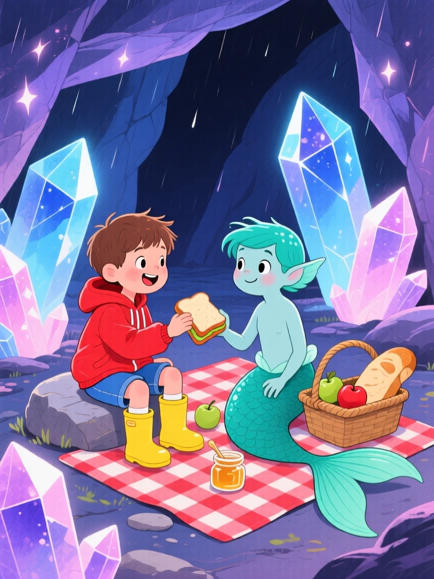 A small boy in rain boots sharing a picnic with a playful merboy inside a glowing crystal cave.